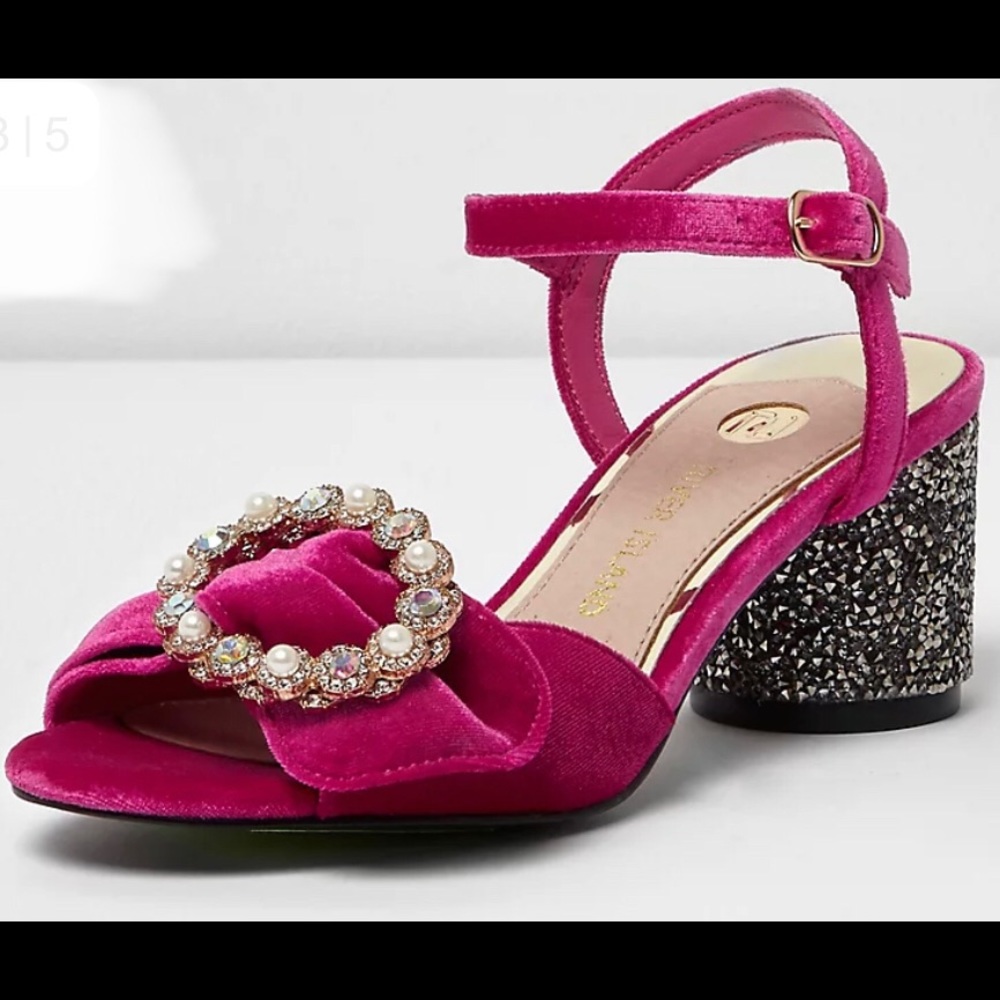 RIVER ISLAND PINK VELVET GLITTER BLOCK HEEL SANDALS-Size US7/UK5/EUR38